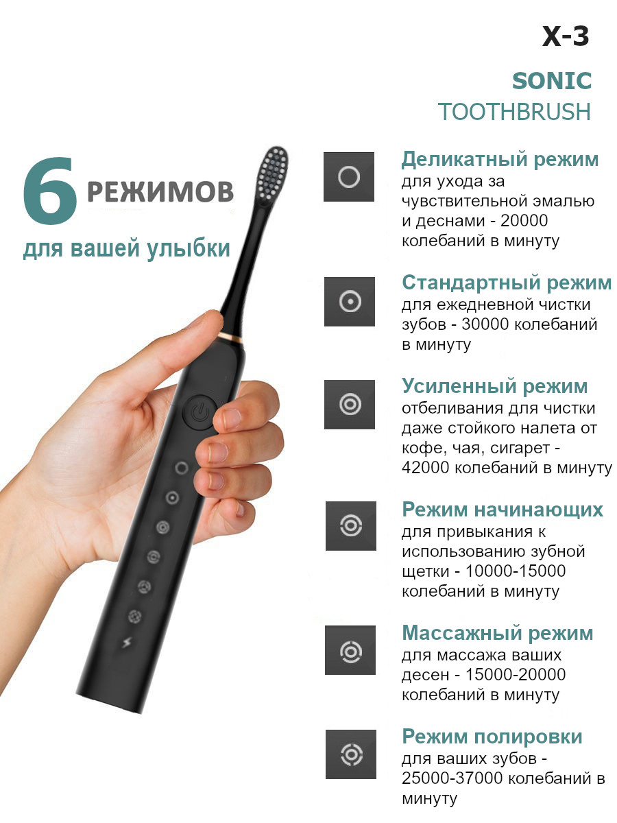 Зубная щетка электрическая Sonic Toothbrush X-3 Black - отзывы покупателей  на маркетплейсе Мегамаркет | Артикул: 600002247468