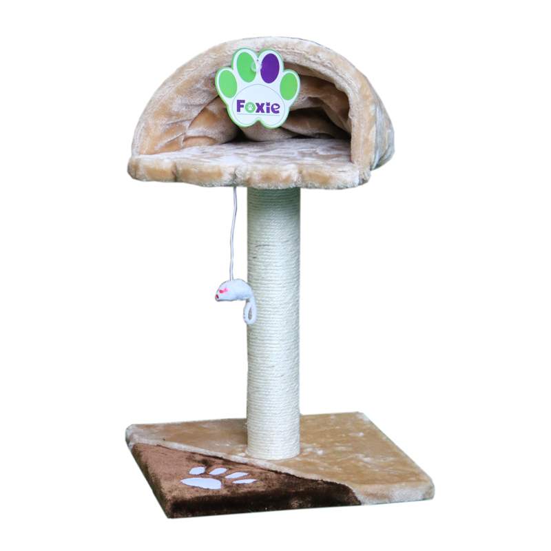 Когтеточка для кошек FOXIE Лежанка на столбике с игрушкой 35х35х50см бежево-коричневая