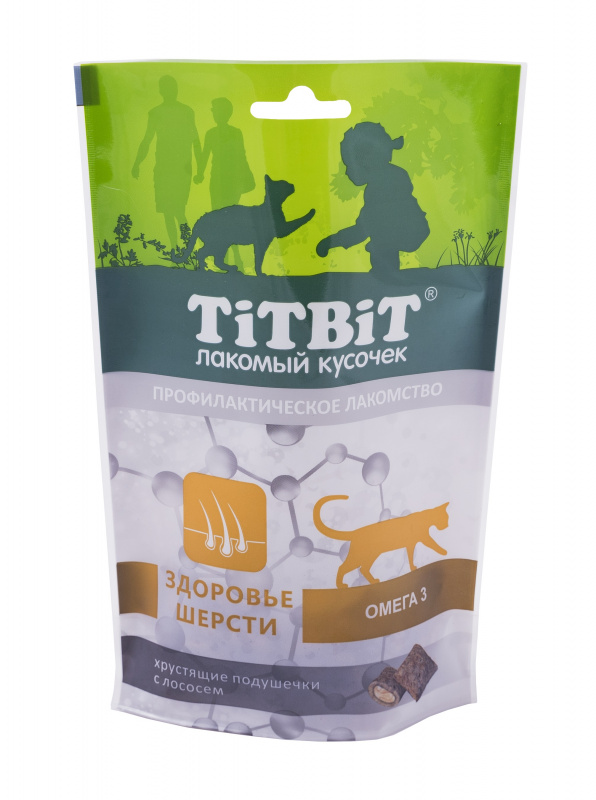 Лакомство для кошек TiTBiT Хрустящие подушечки для здоровья шерсти, лосось, 60 г