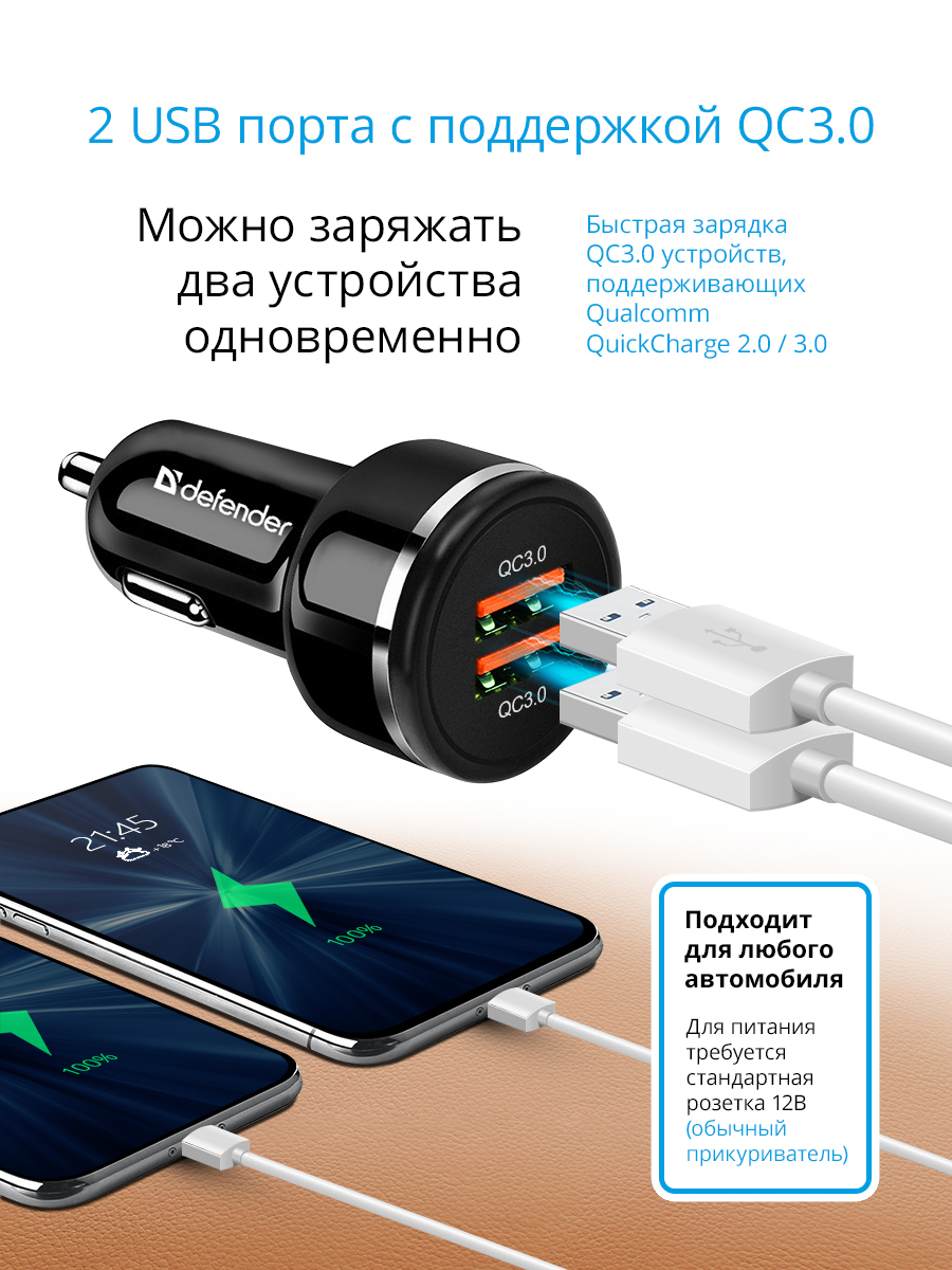 Автомобильное зарядное устройство Defender UCA-80 2xUSB QC3.0, 36W - отзывы  покупателей на Мегамаркет | 600003395594