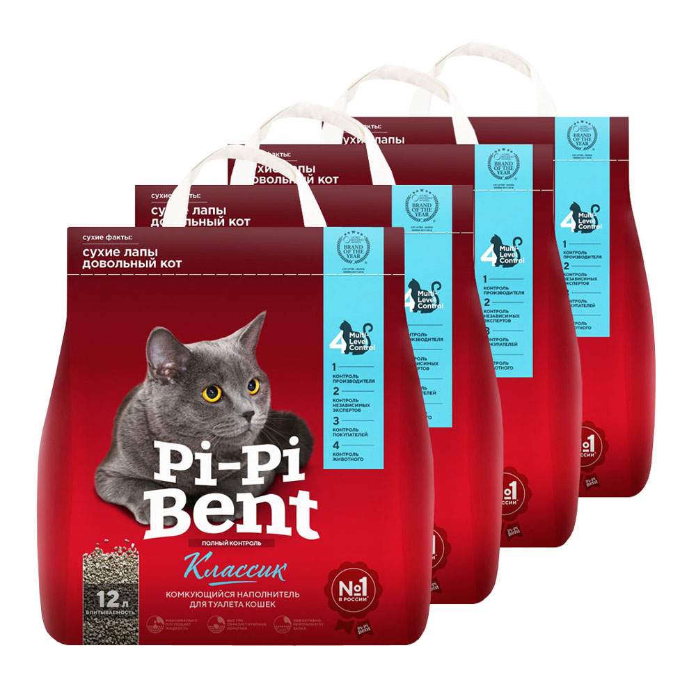 Комкующийся наполнитель для кошек Pi-Pi Bent Classic глиняный, 20 кг, 48 л, 4 упаковки