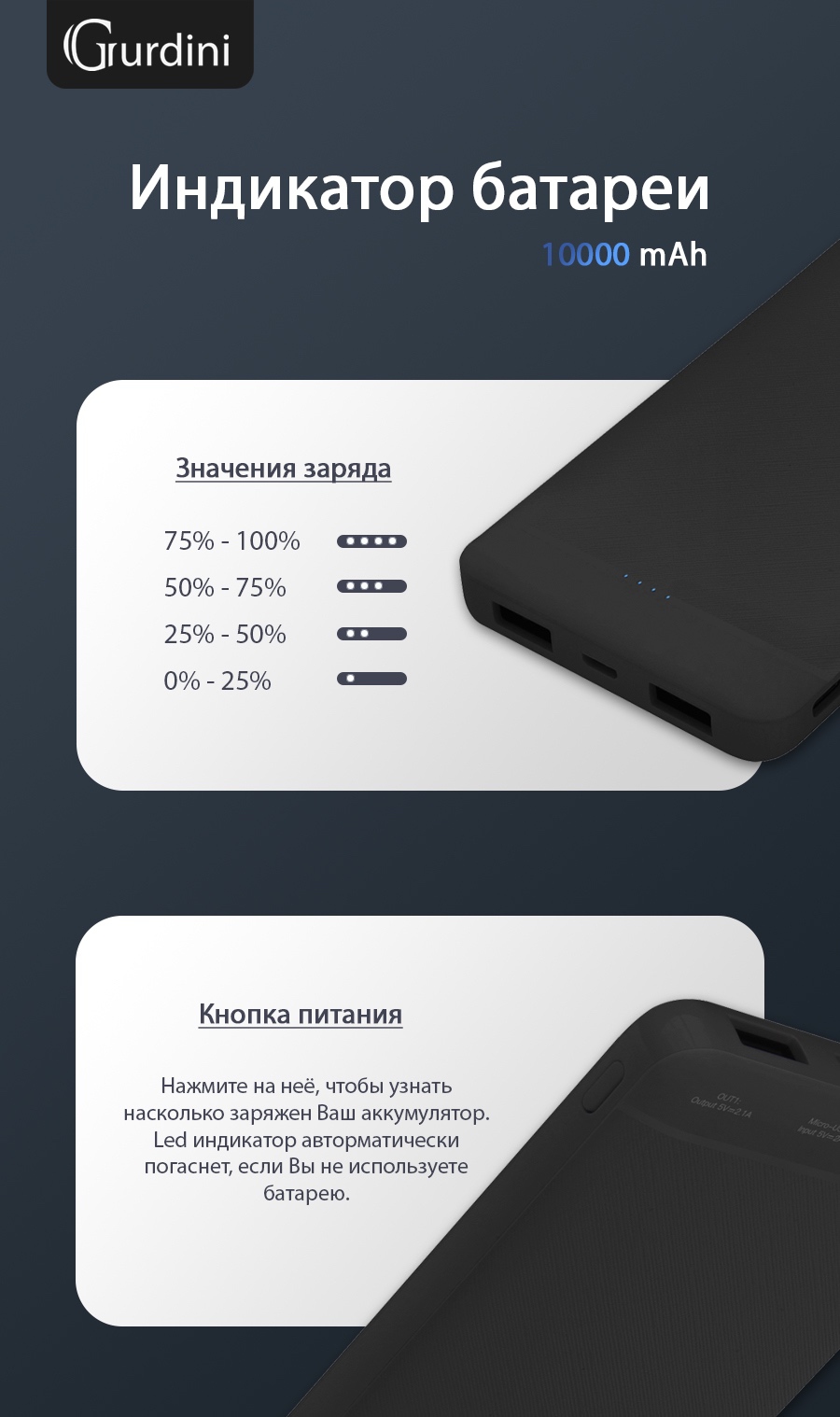 Дополнительный аккумулятор Gurdini Slim Series GPSS-0010B 10000 mAh Black –  отзывы покупателей на маркетплейс Мегамаркет | Артикул: 600003394051