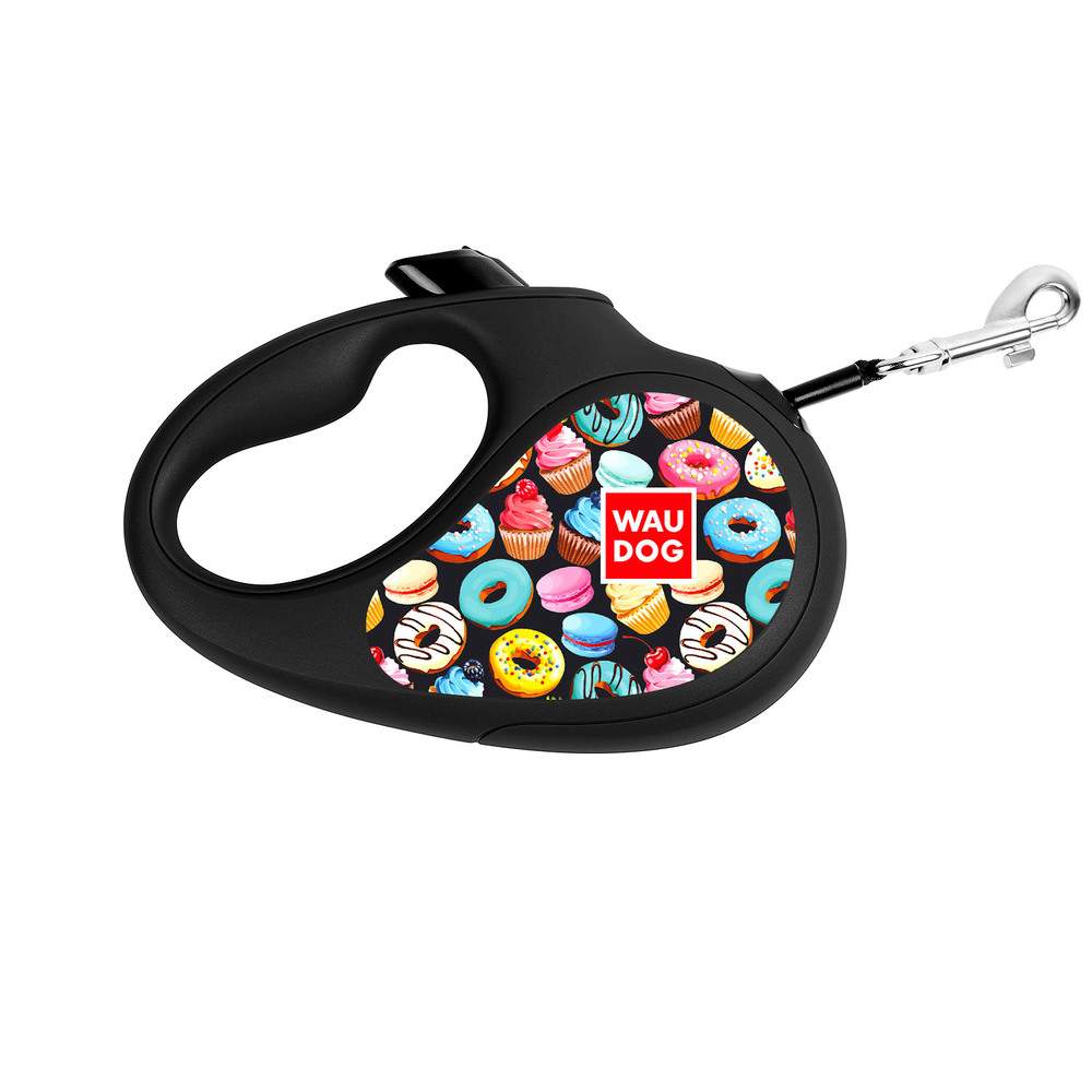 Поводок-рулетка Collar  Waudog с рисунком "Пончики", размер XS до 12кг, 3 м, черный