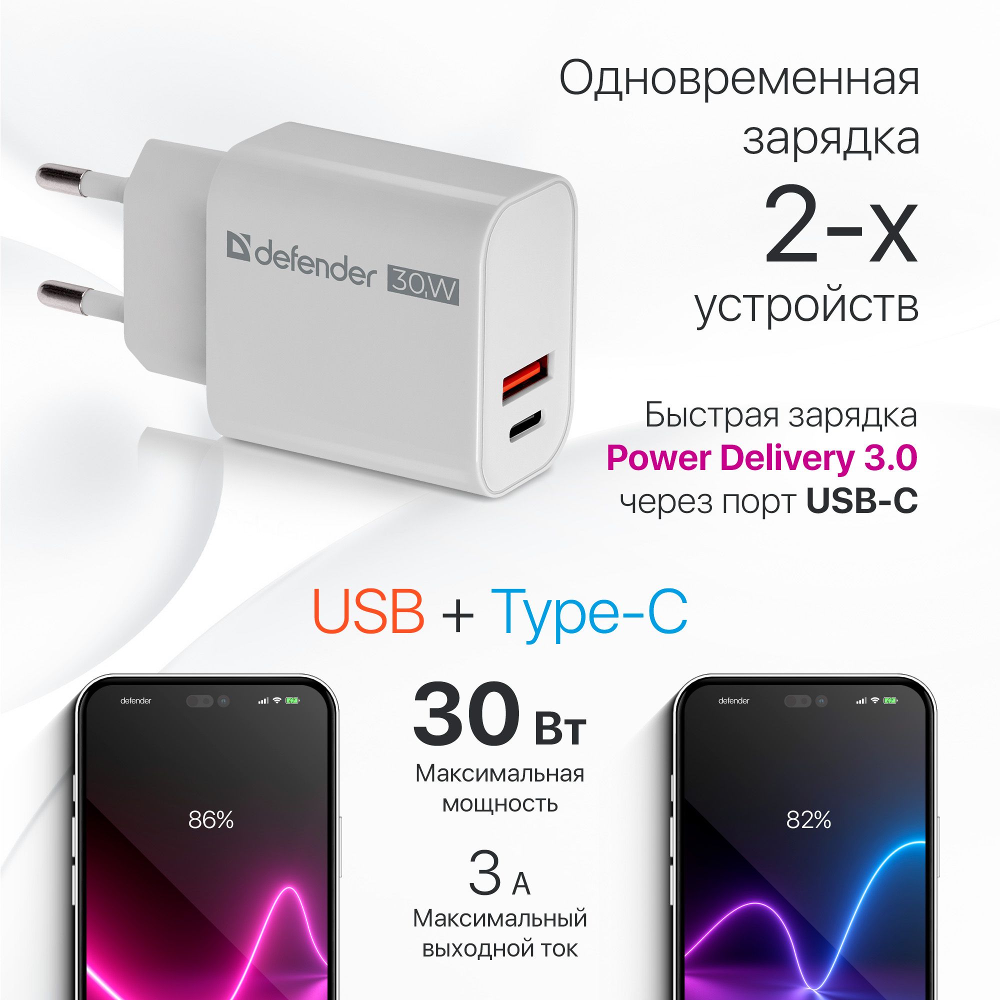 Сетевое зарядное устройство Defender UPA-130 type-c - usb 1xUSB, 1xUSB  Type-C 3 А белый, купить в Москве, цены в интернет-магазинах на Мегамаркет