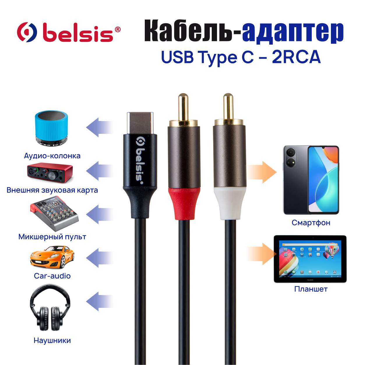 Кабель USB Type C - 2RCA, 24 бит / 48 кГц., Аудио Стерео, 1.0 метр, Belsis  / BW1626, купить в Москве, цены в интернет-магазинах на Мегамаркет