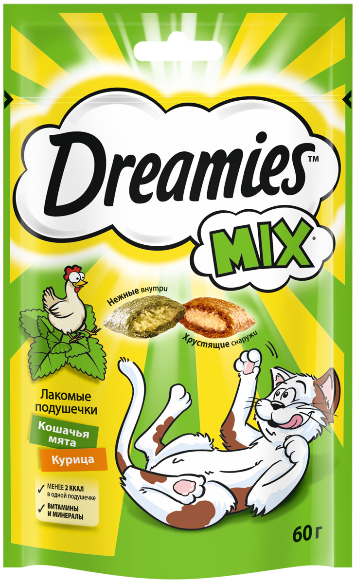 Лакомство для кошек Dreamies MIX, подушечки, с курицей и кошачьей мятой, 6 шт по 60г