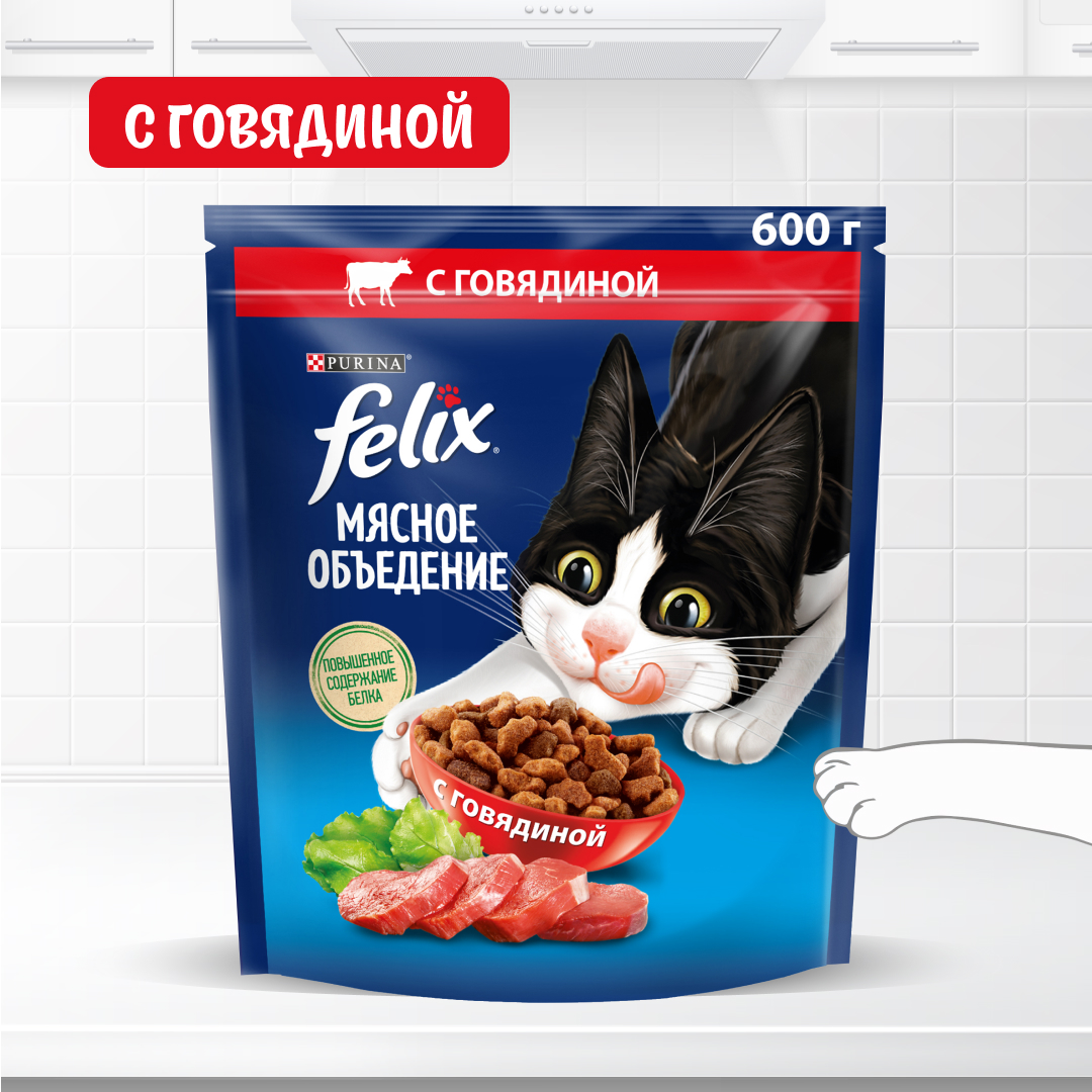 Купить сухой корм для кошек Felix Мясное объедение с говядиной, 600 г, цены на Мегамаркет | Артикул: 600003554531