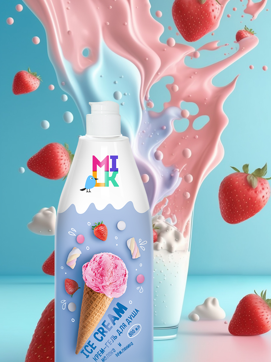 Купить крем-гель для душа MILK ICE CREAM молоко и земляника, 800 мл, цены  на Мегамаркет | Артикул: 600003508349