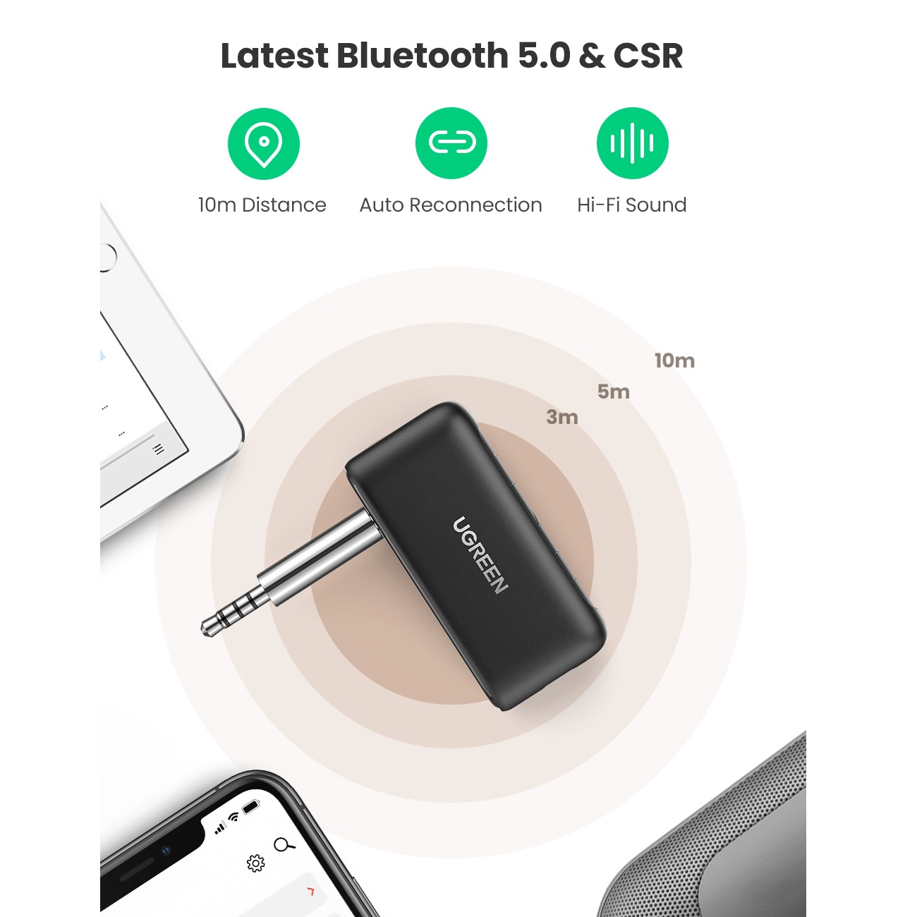 Адаптер UGREEN CM276 (70303) Car&Home Bluetooth 5.0 Receiver Audio Adapter.  Цвет: черный, купить в Москве, цены в интернет-магазинах на Мегамаркет