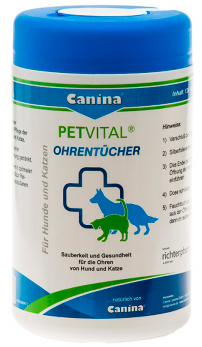 Салфетки влажные CANINA  Petvital Ohrentucher, для ухода за ушами собак и кошек 120 шт