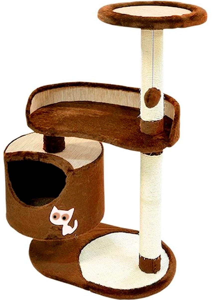 Комплекс для кошек Зооник с круглым домом и двумя лежанками, коричневый, 3 уровня