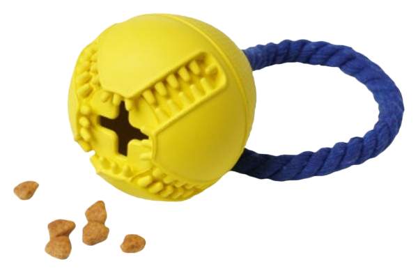 Игрушка для собак HOMEPET SILVER, мяч с канатом с отверстием для лакомств, желтый, 7,6 см