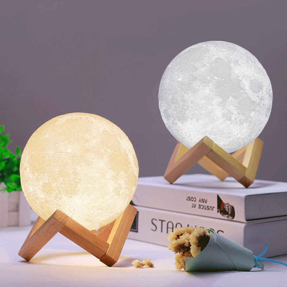 Ночник - светильник 3D шар Луна на деревянной подставке 18см