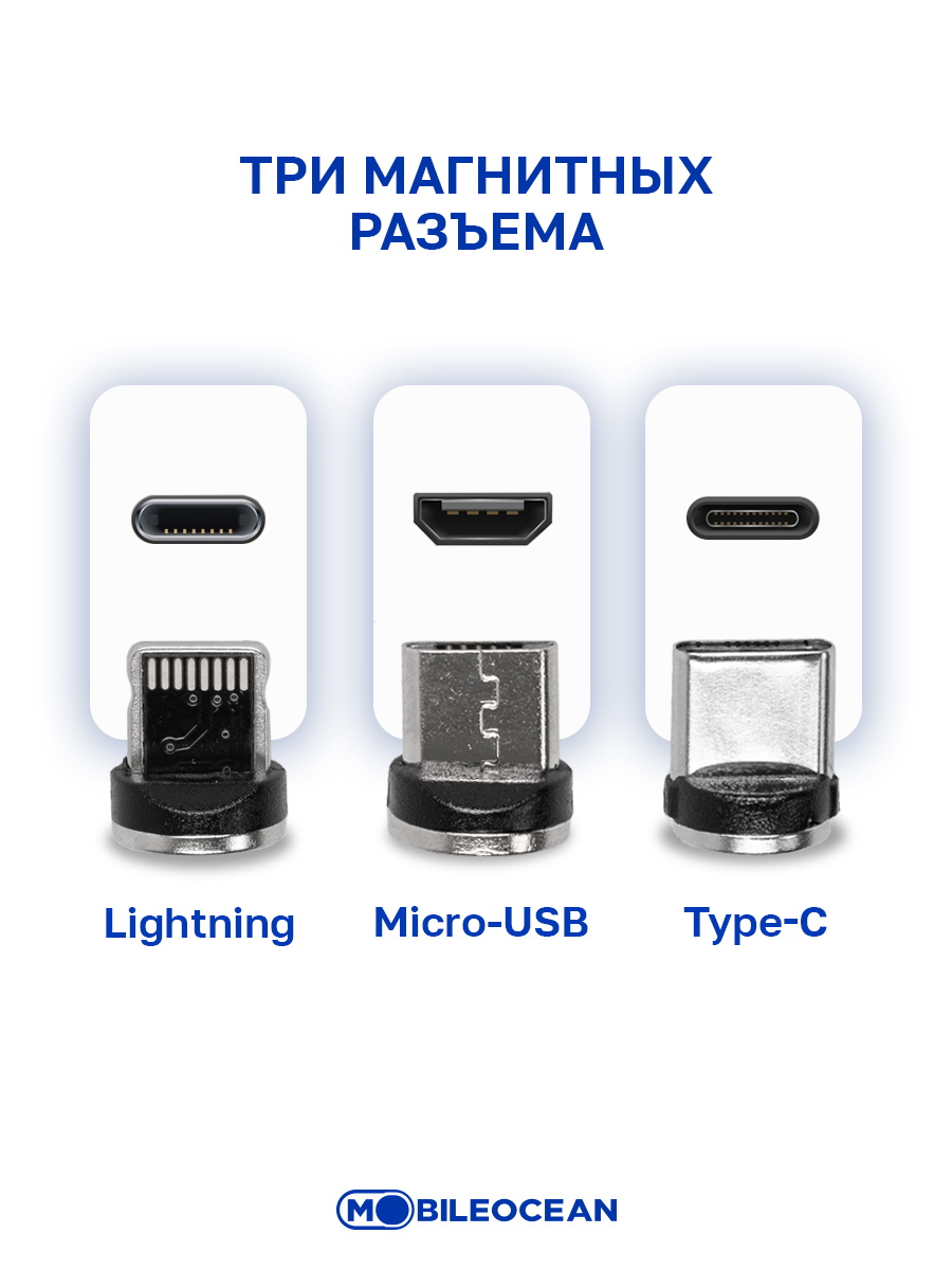 Кабель USB магнитный Type C, Lightning, microUSB (3в1) с подсветкой, 1м  (Silver), купить в Москве, цены в интернет-магазинах на Мегамаркет