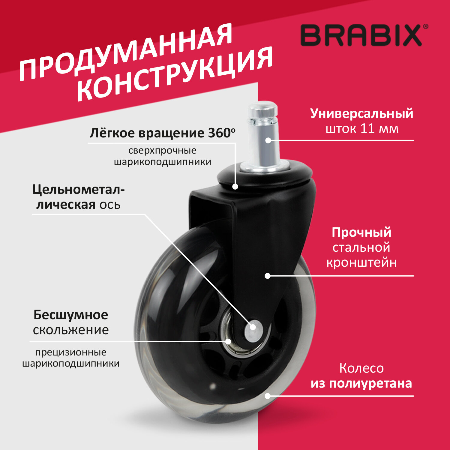 Колеса (ролики) BRABIX для кресла мягкие, резиновые, КОМПЛЕКТ 5шт, шток  d11мм, в коробе, 5 - купить в MULTISTORE.Инструменты, цена на Мегамаркет