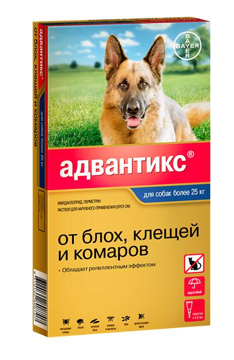Капли для собак более 25 кг от клещей и блох Elanco Адвантикс 25-40 кг, 1 пипетка по 4 мл