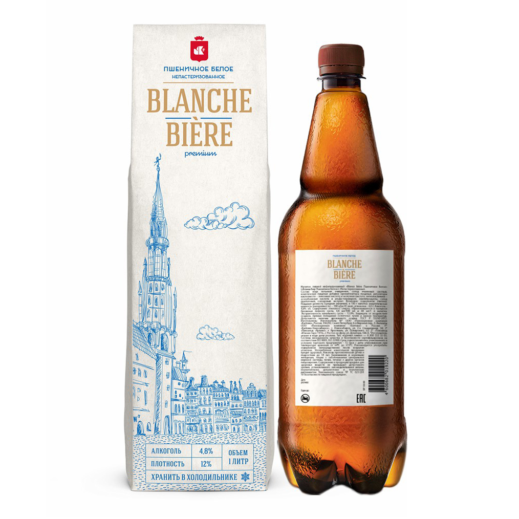 Пивной напиток Blanche Bier светлый нефильтрованный непастеризованный 4,8% 1 л - купить в Умный ритейл алкоголь, цена на Мегамаркет