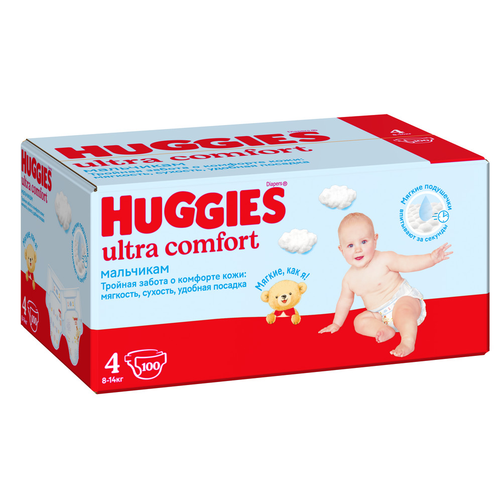 Подгузники Huggies Ultra Comfort для мальчиков 8-14 кг, 4 размер, 100 шт - купить в Мегамаркет Москва Пушкино, цена на Мегамаркет