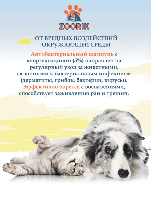 Шампунь для собак и кошек ZOORIK антибактериальный с хлоргексидином, 1000 мл