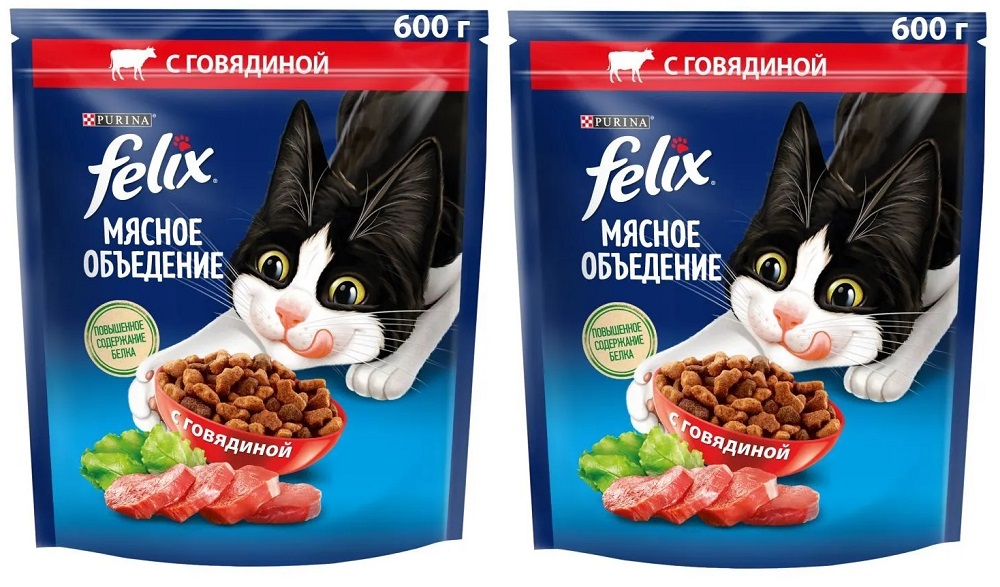 Купить сухой корм для кошек Felix Мясное объедение с говядиной, 2шт по 600г, цены на Мегамаркет | Артикул: 100049896364