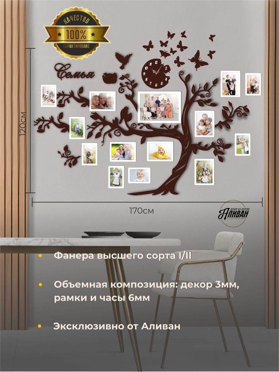 Купить настенное панно-семейное дерево с фоторамками и часами в цвете венге  с белыми фоторамкам, цены в интернет-магазине на Мегамаркет | 600013344787