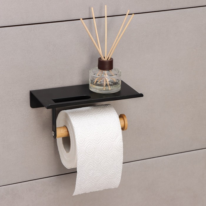 Держатель для туалетной бумаги с полочкой BAMBOO, 18x9,7x7,5 см, цвет чёрный купить в интернет-магазине, цены на Мегамаркет