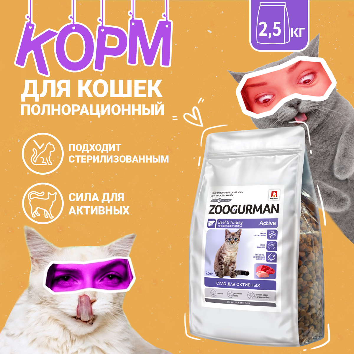 Сухой корм для кошек Zoogurman Active, полнорационный, говядина и индейка, 2,5 кг - купить в Мегамаркет Екб, цена на Мегамаркет