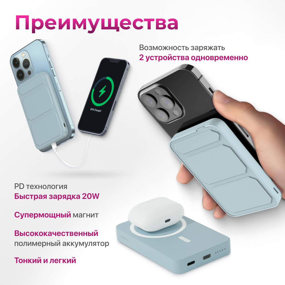 Магнитный повербанк 5000 Wireless Power Bank с быстрой беспроводной  зарядкой для iPhone - купить в Москве, цены в интернет-магазинах Мегамаркет