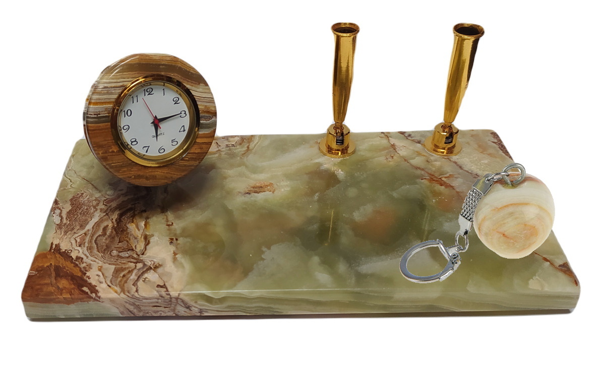Подставка для ручек ELG с поворотными часами из камня Оникс (20см х 10см, h 8,5 см)