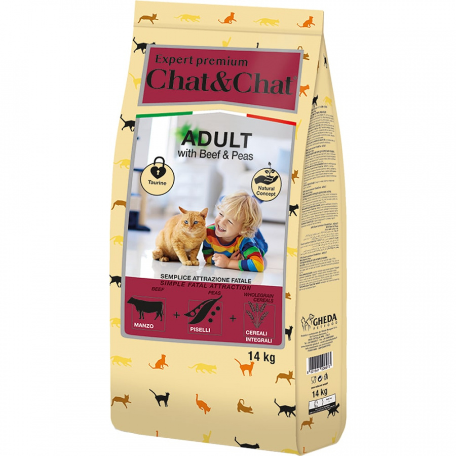 Купить сухой корм Chat & Chat для взрослых кошек, с говядиной и горохом, 14 кг, цены на Мегамаркет | Артикул: 100055239511