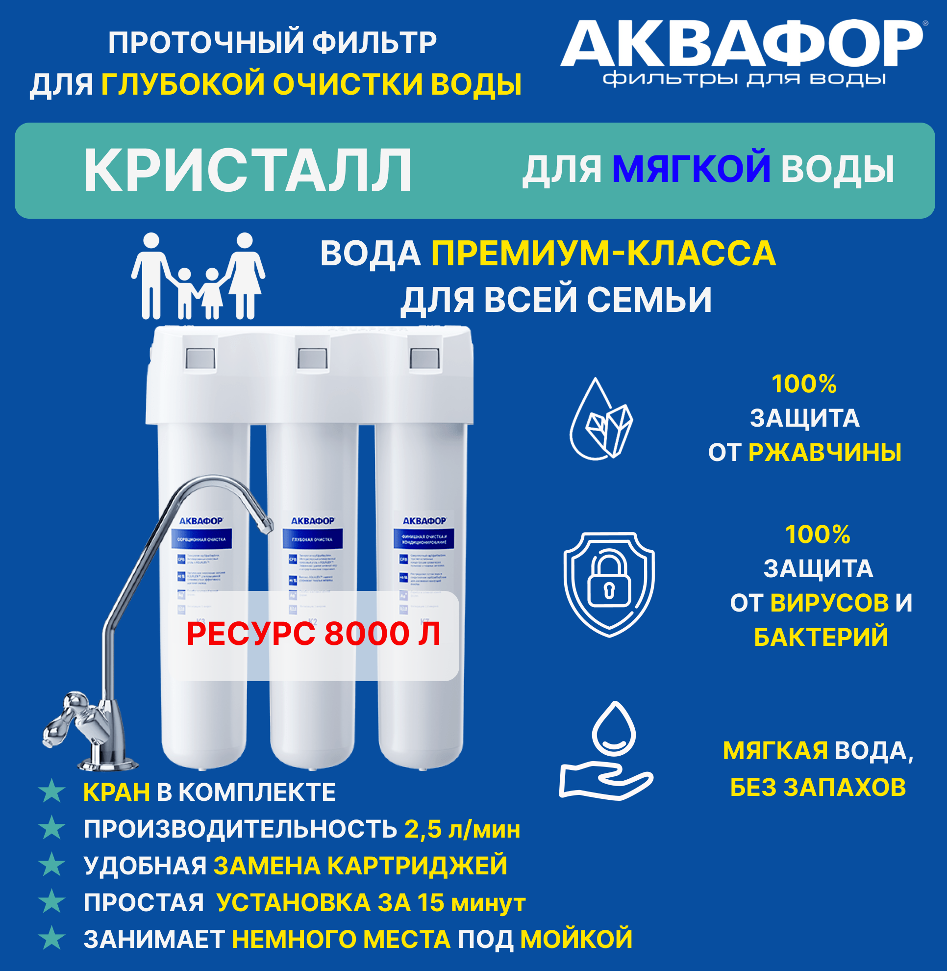 Фильтр для воды Аквафор Кристалл, для мягкой воды, под мойку, с краном купить в интернет-магазине, цены на Мегамаркет