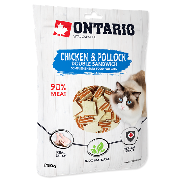Лакомство для кошек Ontario Cat, двойной сэндвич с цыплёнком и рыбой, 50г