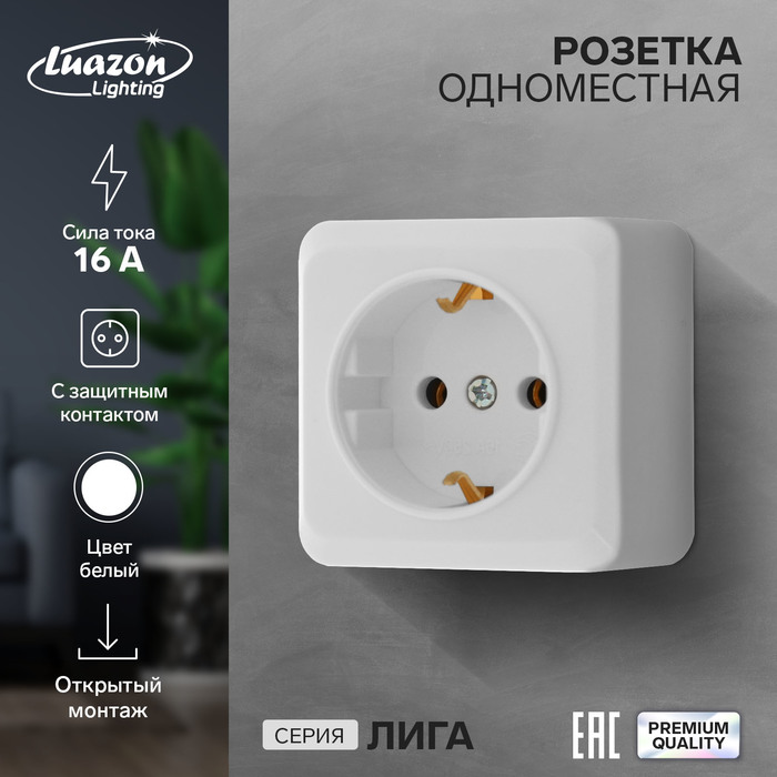 Розетка одноместная Luazon Lighting Лига, 16 А, накладная, с з/к, белая - купить в Фабрика Успеха, цена на Мегамаркет