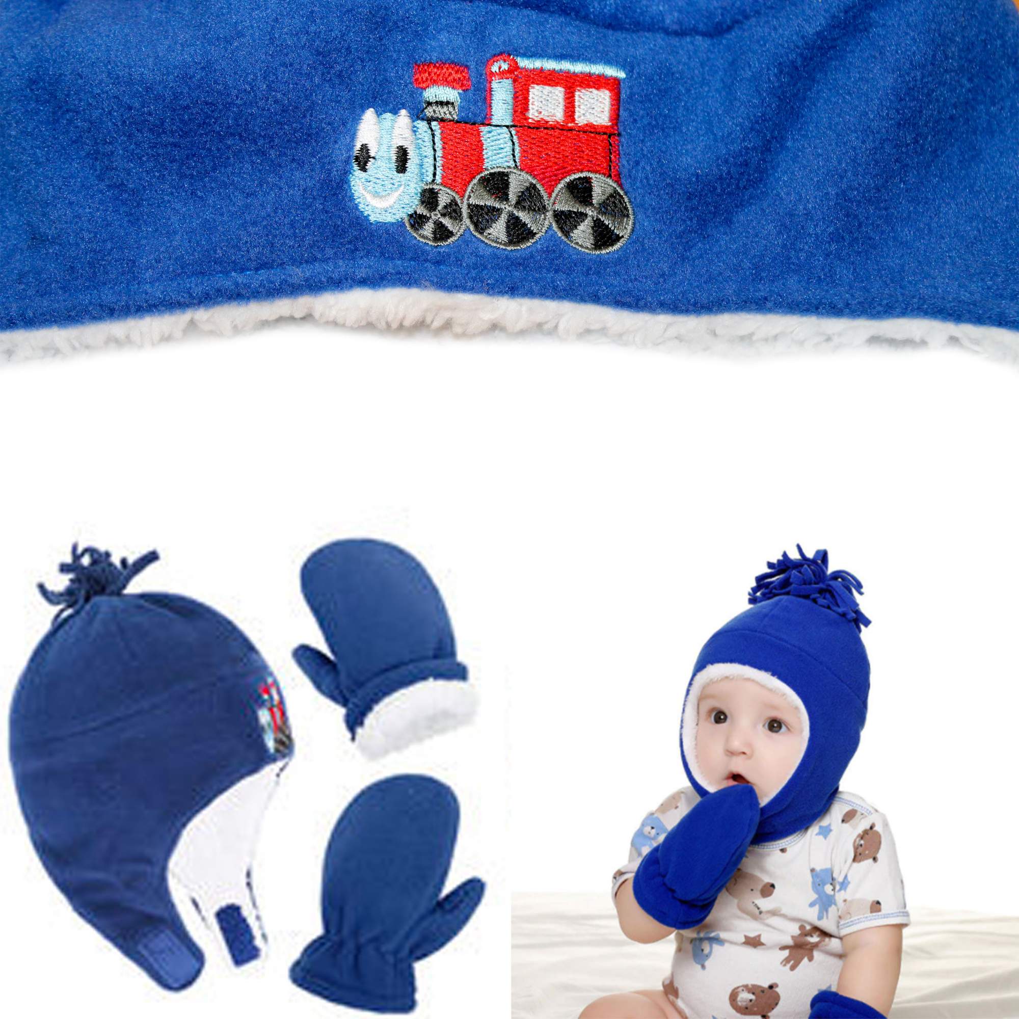 Шапка детская с варежками Simpli Kids B17060033-RO-L синяя с паровозом, р. 1-2 года