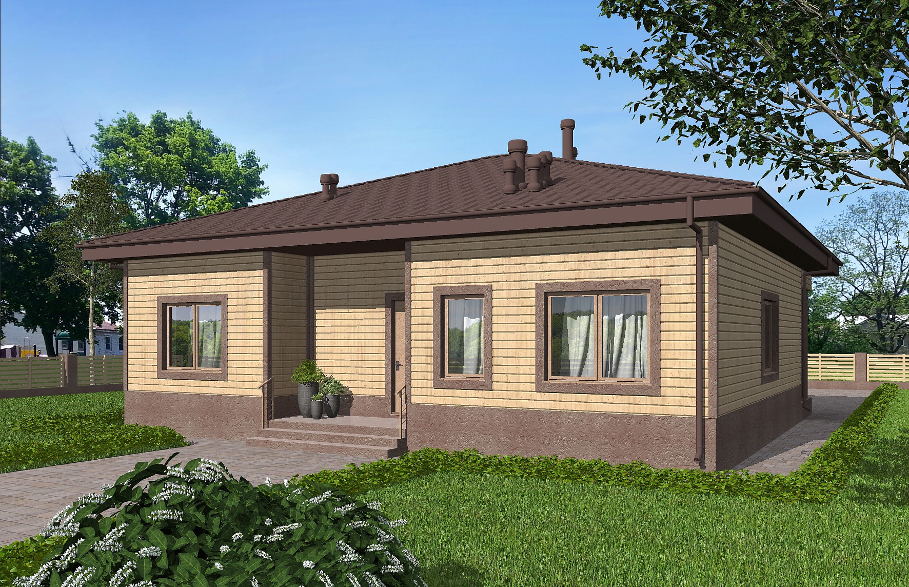 Проект одноэтажного дома RuPlans с террасой и 3 спальнями (94 м2, 12м x9м) Rg613