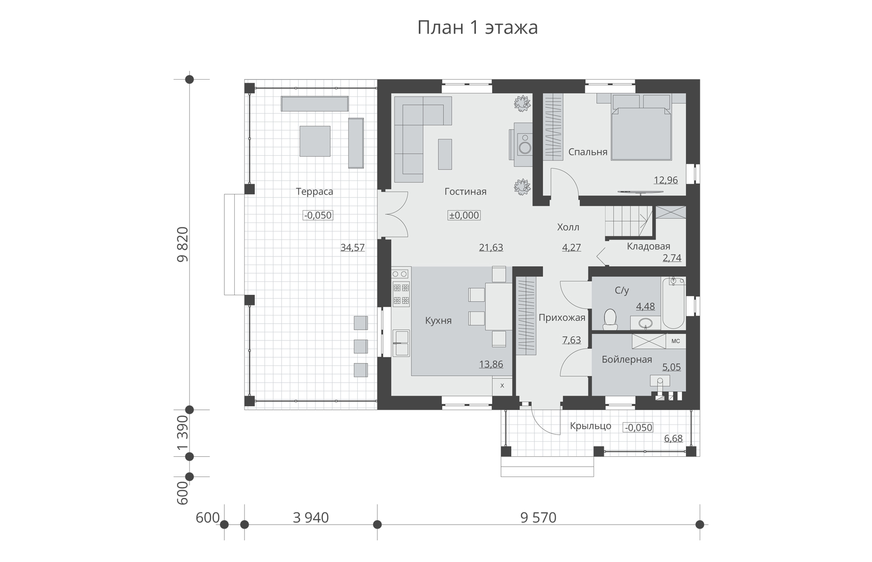 Проект одноэтажного дома с террасой и гаражом и 4 спальнями