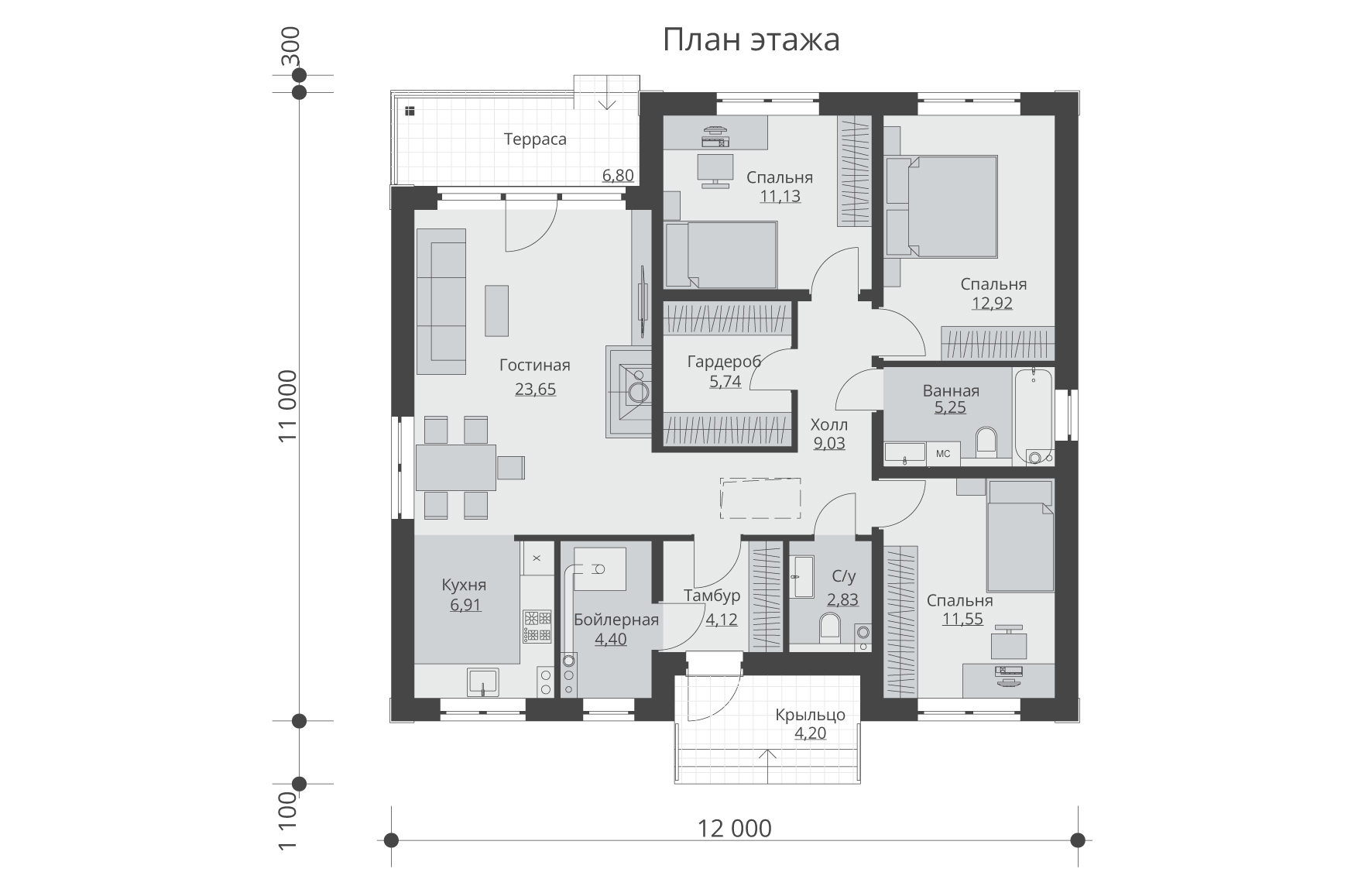 Проект одноэтажного дома 7 на 11 с тремя спальнями