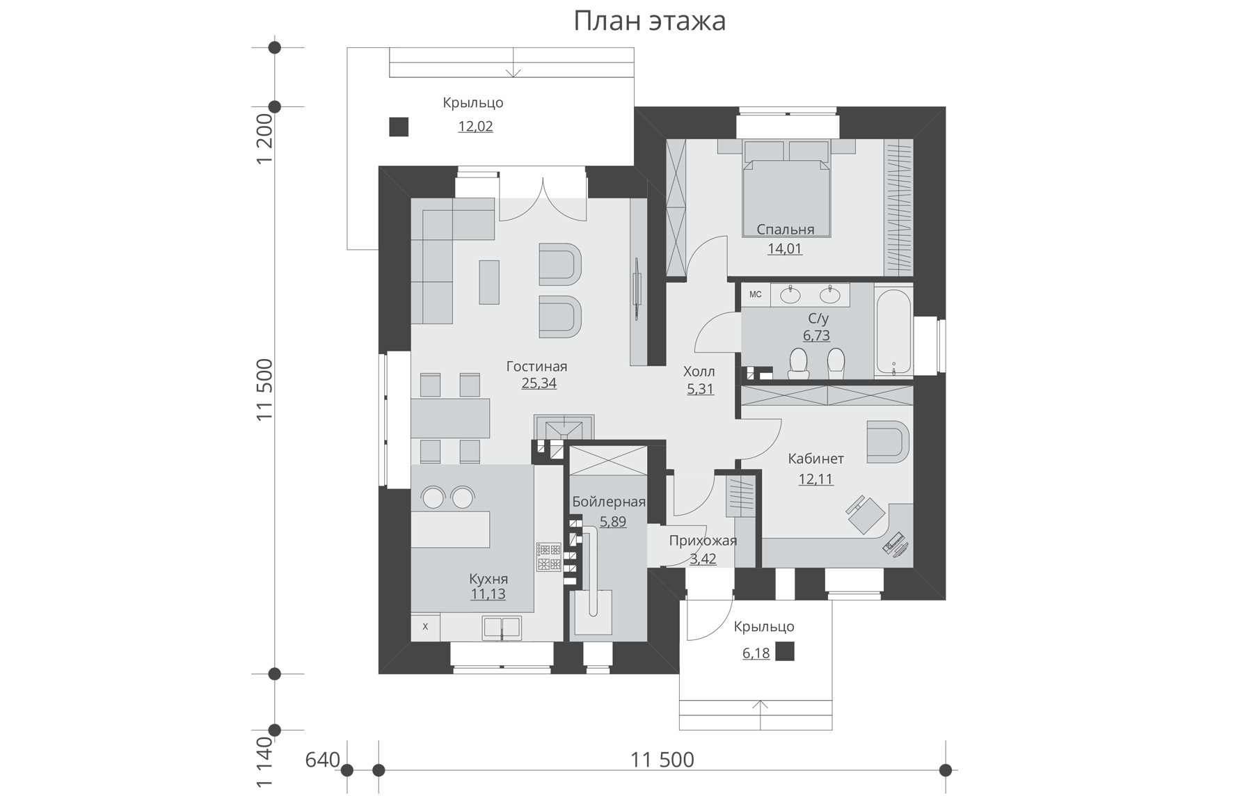 Проект одноэтажного дома с одной спальней