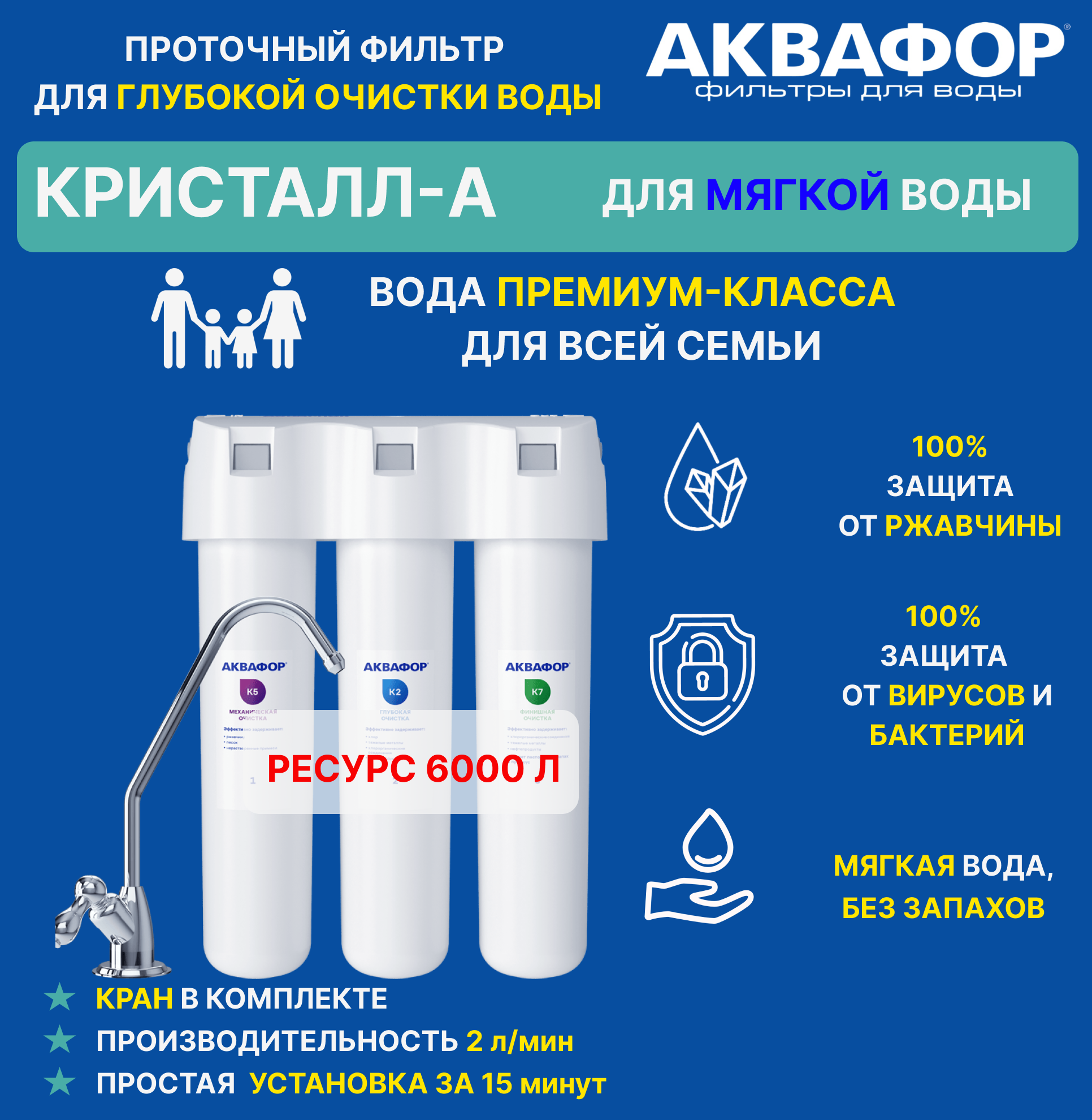 Фильтр для воды Аквафор Кристалл А, для мягкой воды, под мойку, с краном - купить в Москве, цены на Мегамаркет