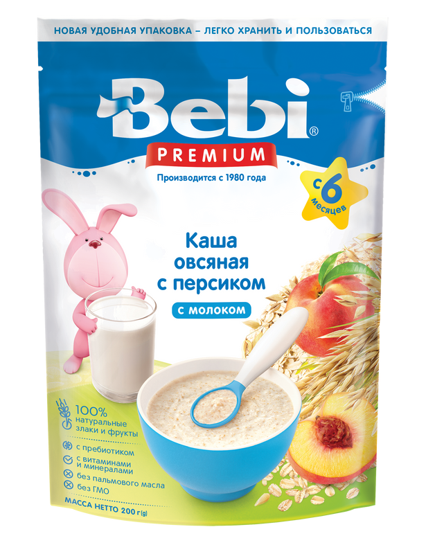 Каша Bebi Premium молочная, овсяная, с персиком, с 6 месяцев, zip-пакет, 200 г