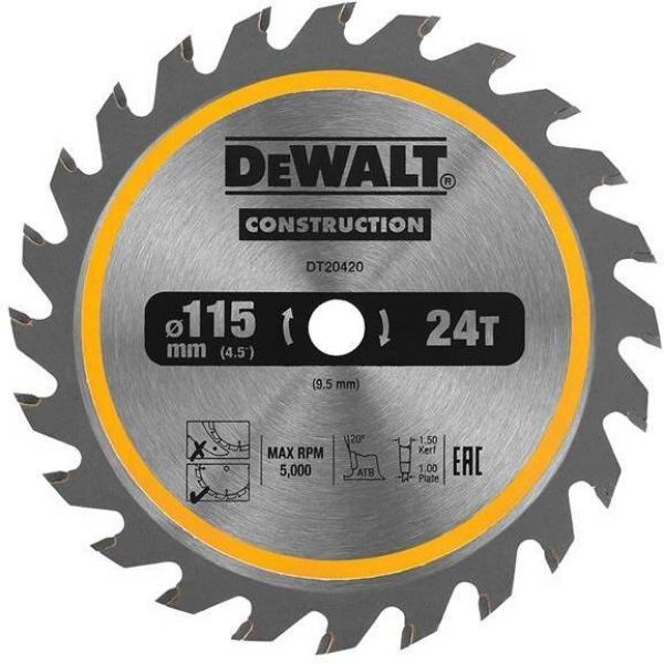 Пильный диск DEWALT DT20420-QZ, CONSTRUCTION 115 x 9.5 мм, 20 ATB