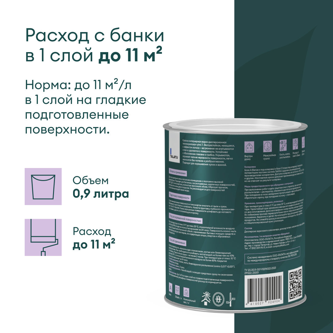 Влагостойкая матовая моющаяся краска для стен и потолков TALATU rytmi 7  белая 0,9 л. купить в интернет-магазине, цены на Мегамаркет