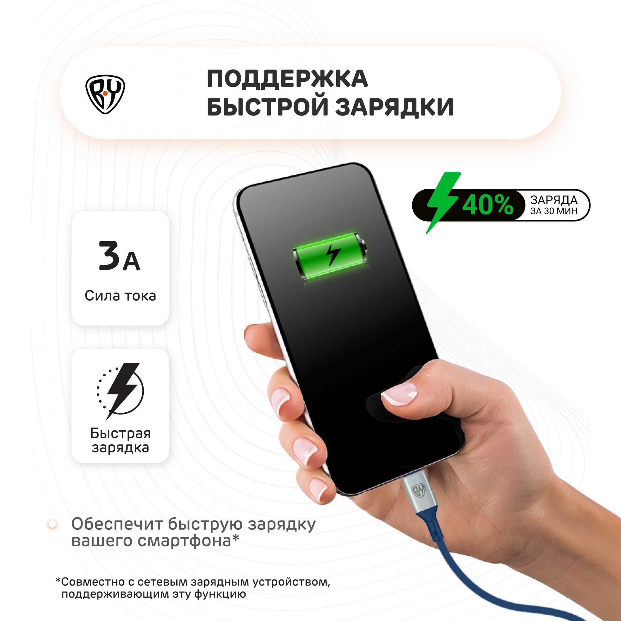 Кабель для зарядки BY Space Cable Pro USB - USB Type-C быстрая зарядка QC3,  1 м, синий, купить в Москве, цены в интернет-магазинах на Мегамаркет