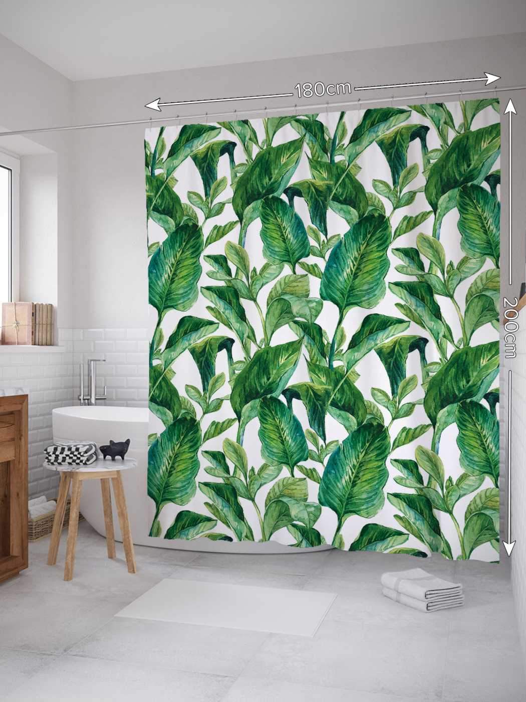 Штора для ванной JoyArty "Ботаника тропических листьев" из сатена, 180х200 см с крючками