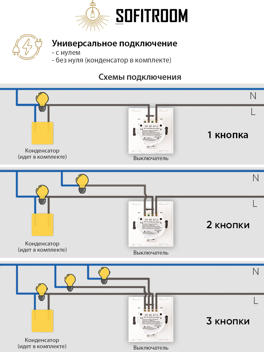 Умный сенсорный трехклавишный WIFI выключатель света Sofitroom - купить в  Москве, цены на Мегамаркет | 600014790743