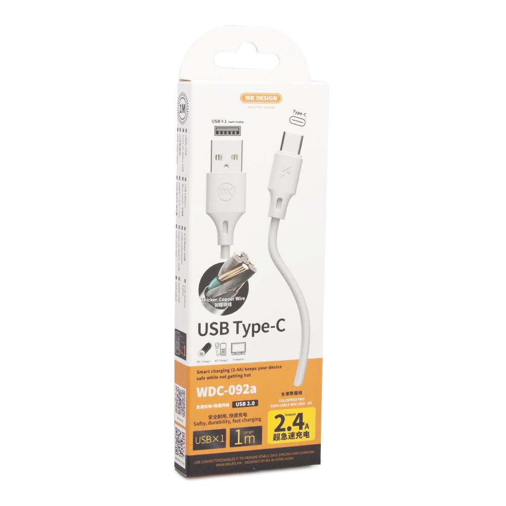 Кабель USB  WK Full Speed Pro WDC-092a Type-C, 2.4A, 1м, TPE (белый)