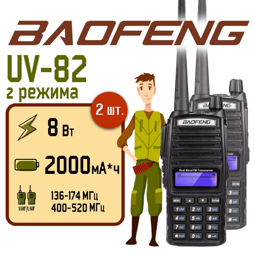 Портативная рация Baofeng UV-82 8W, черная, 2 шт - купить в Москве, цены на Мегамаркет | 600005970841
