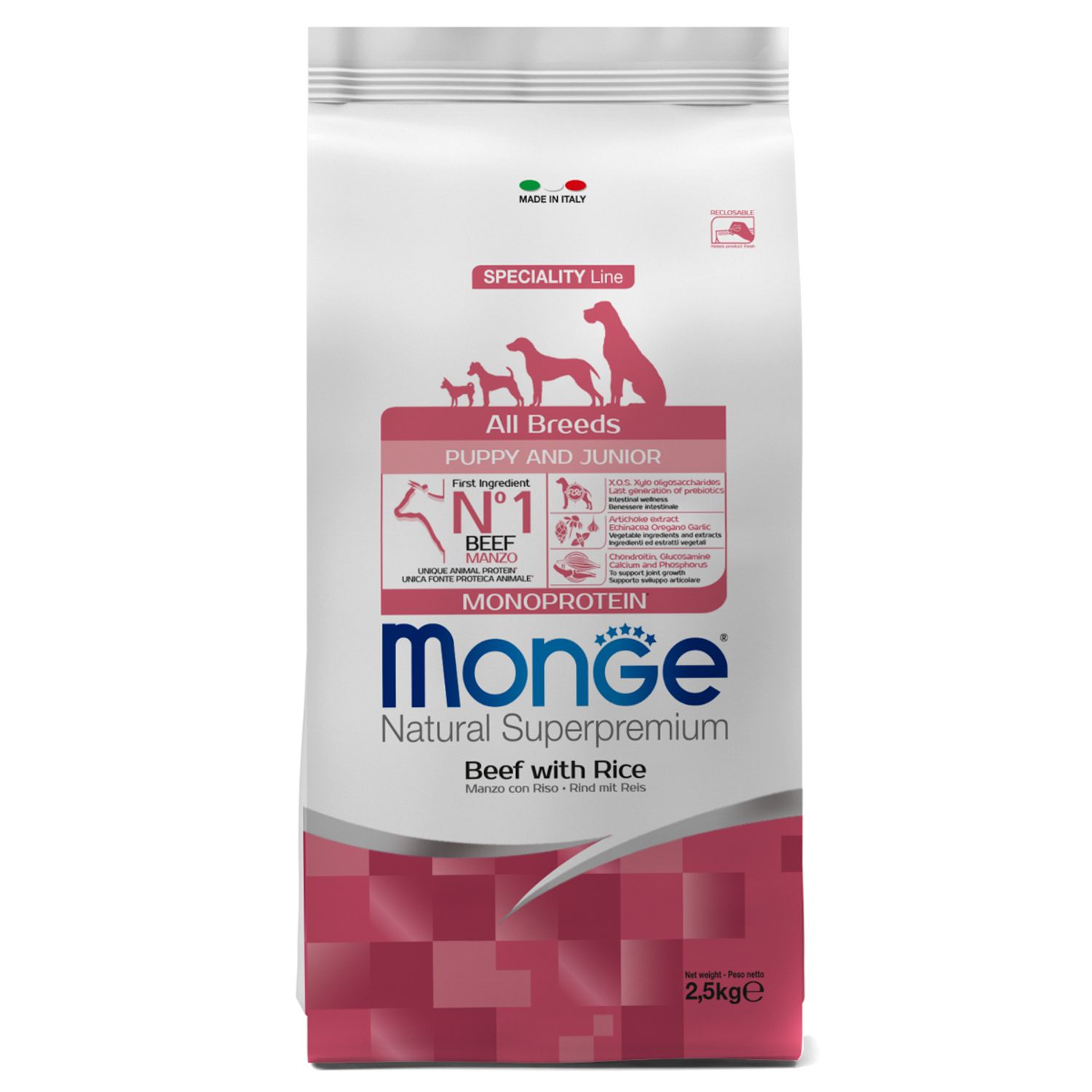 Сухой корм для собак Monge Monoprotein Puppy & Junior, говядина, рис, 2.5кг