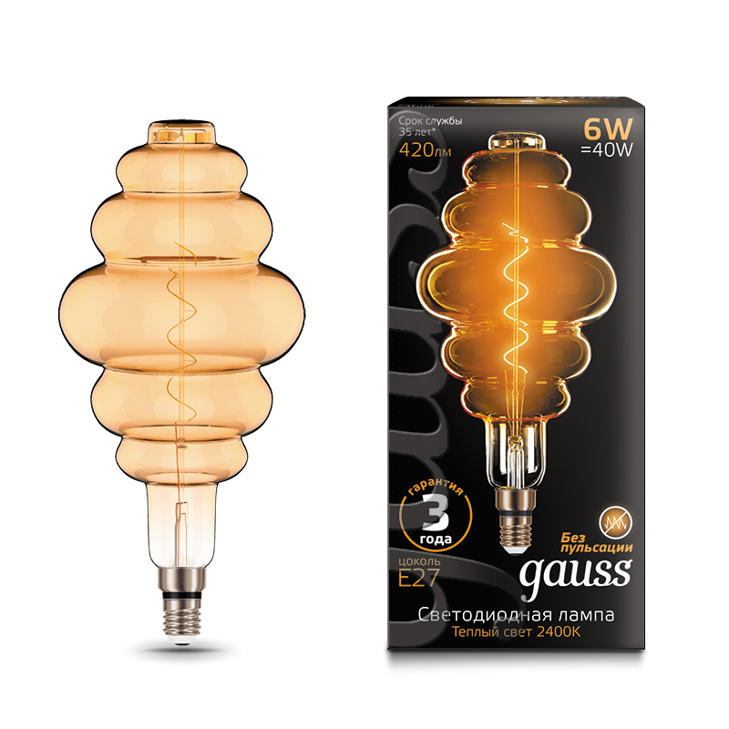 Лампа Gauss Filament Honeycomb 6W 420lm 2400К Е27 golden flexible LED