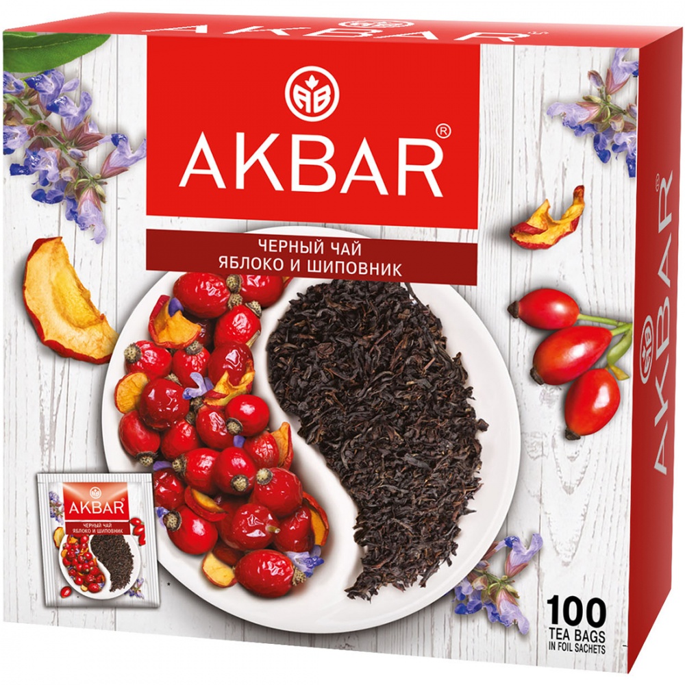 Купить чай Акбар чёрный яблоко, шиповник 100 пакетиков, цены на Мегамаркет | Артикул: 600001822330